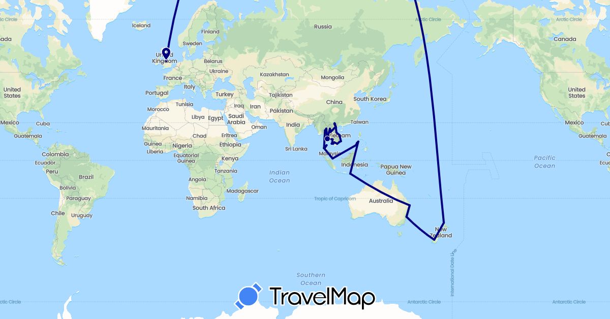 TravelMap itinerary: driving in Australia, United Kingdom, Indonesia, Cambodia, Laos, New Zealand, Philippines, Singapore, Thailand, Vietnam (Asia, Europe, Oceania)